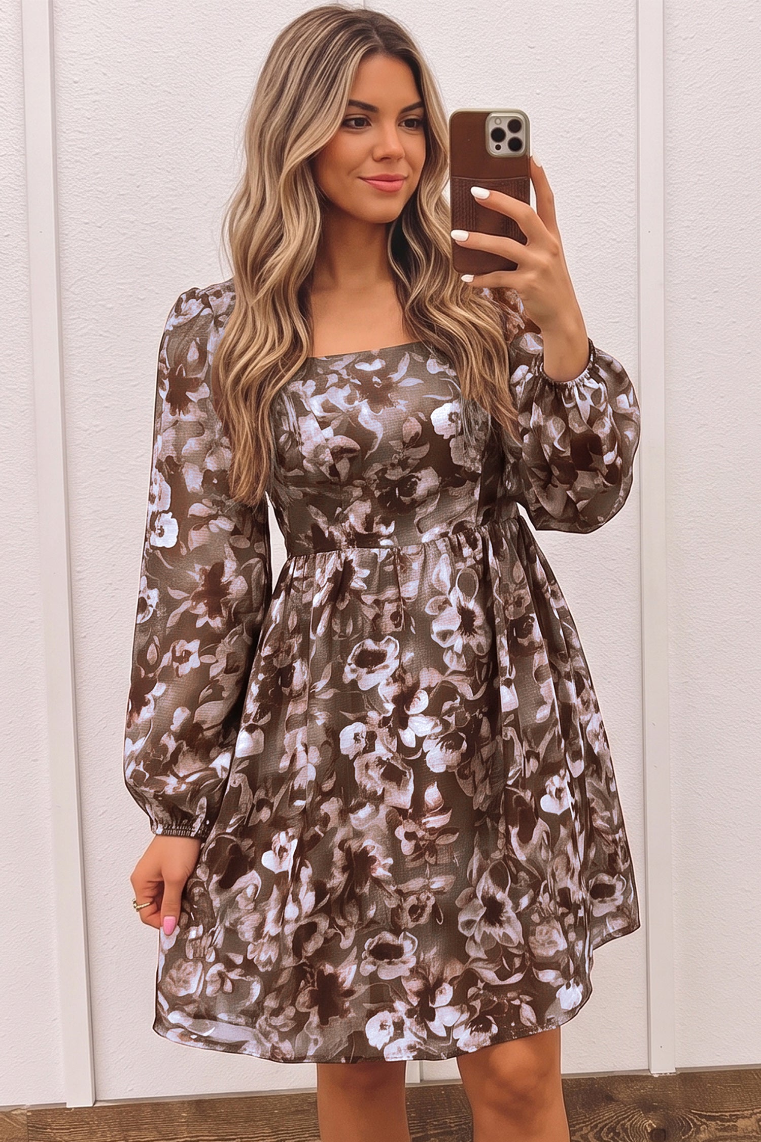 Abstract Floral Print Square Neck Long Sleeve Mini Shift Dress – Brown