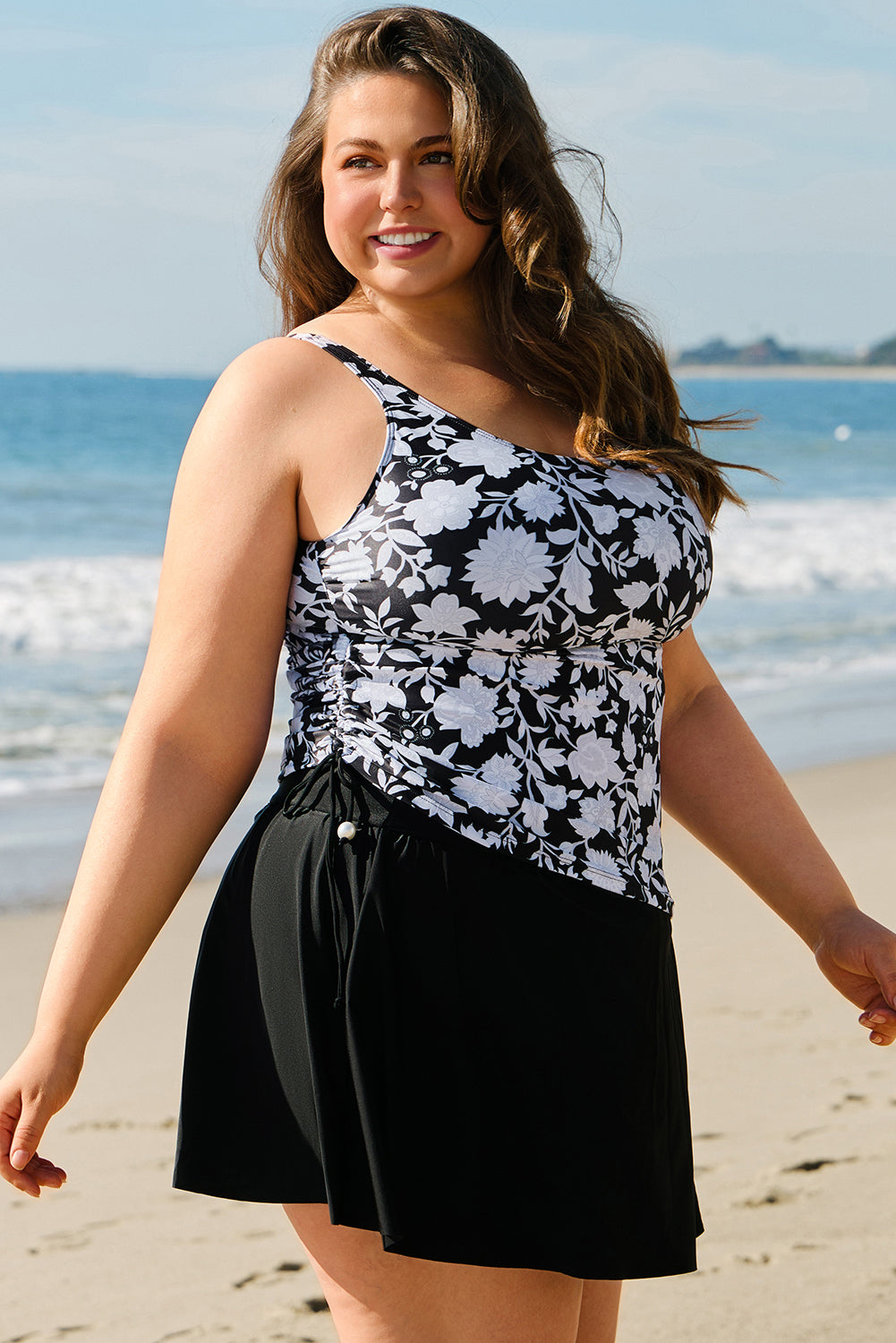 Black Plus Size Printed Square Neck Drawstring Ruffled Tankini Set BB Fashion Outlet