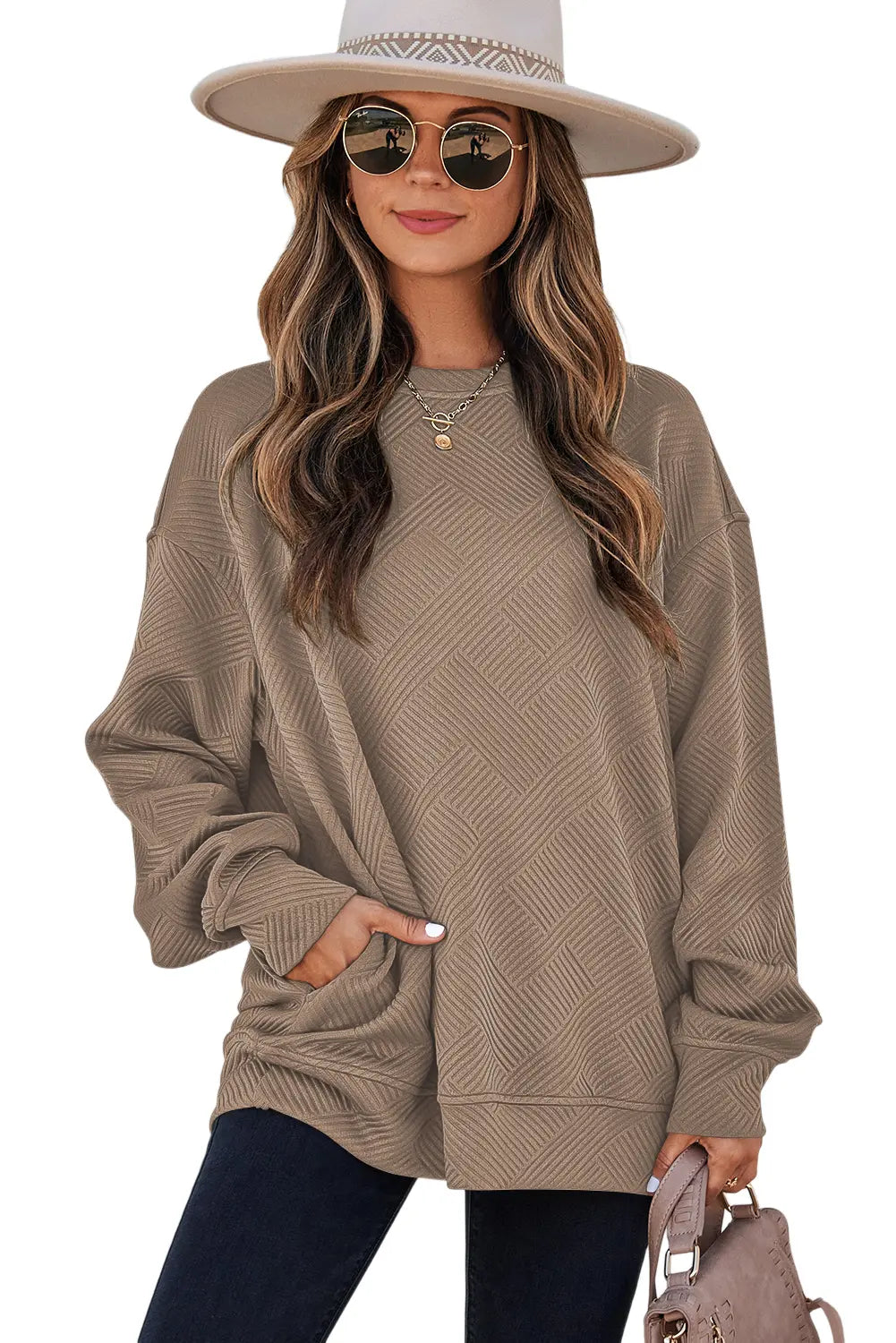 Jungle Solid Colour Textured Round Neck Drop Shoulder Pullover Sweatshirt – Green