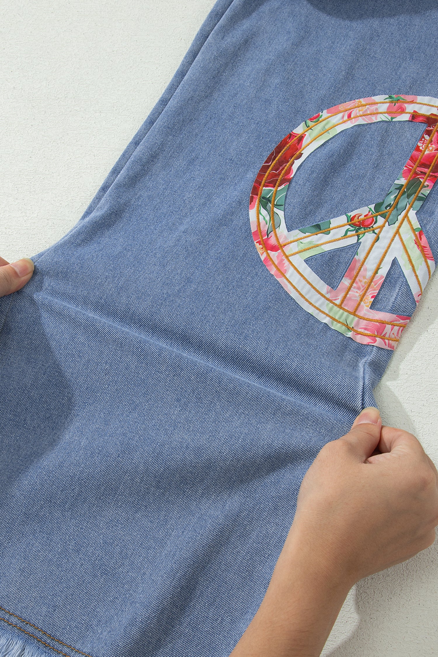 Floral Peace Sign Embroidered Patch Wide Leg Jeans