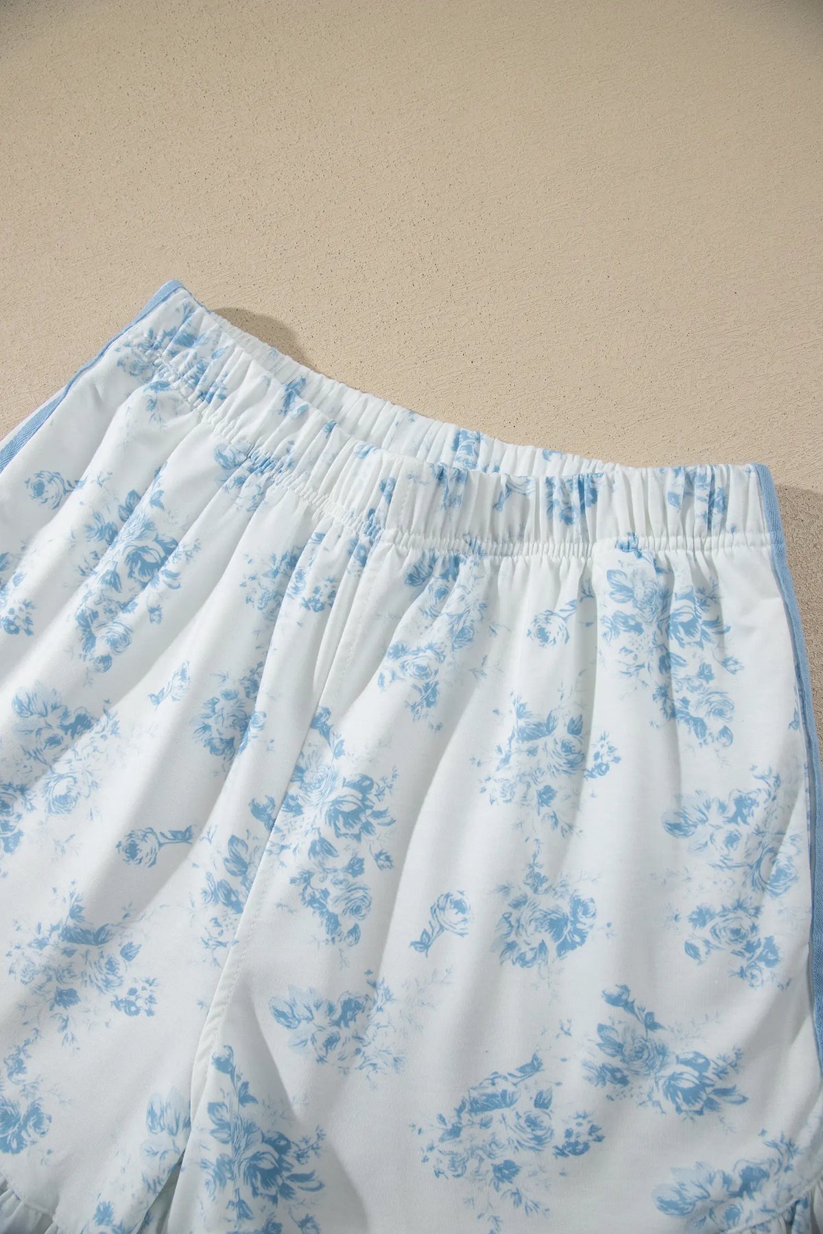 Sky Blue Floral Print Striped Detail Long Sleeve Top Ruffle Hem Shorts 2pcs Set – Light Blue