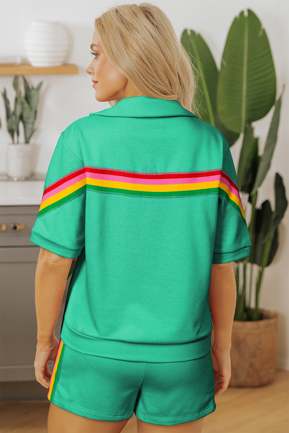 Sea Green Rainbow Colourblock Collared Short Sleeve Top 2 Piece Shorts Set eAura