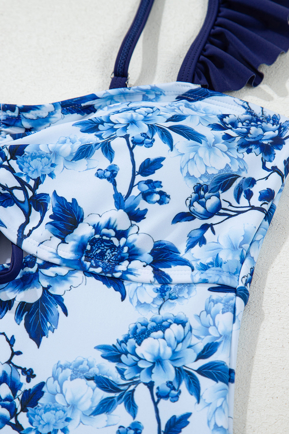 Blue Cutout Ruffled Spaghetti Strap One-Piece Swimwear eAura