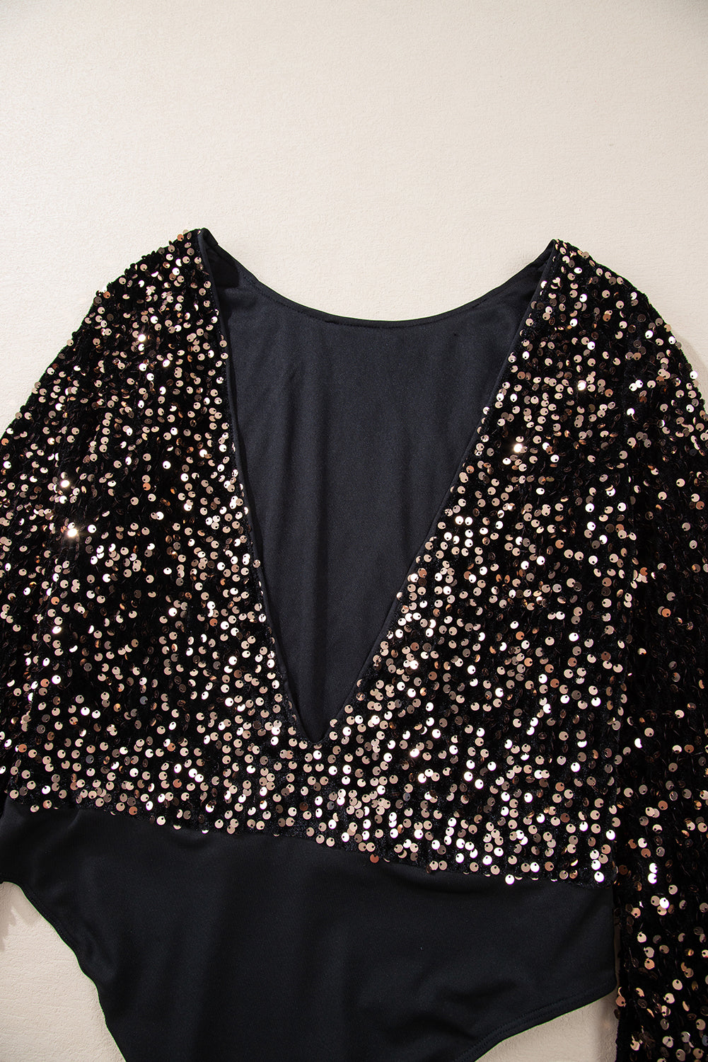 Black Deep V-Back Sequin Puff Sleeve Bodysuit - eAura