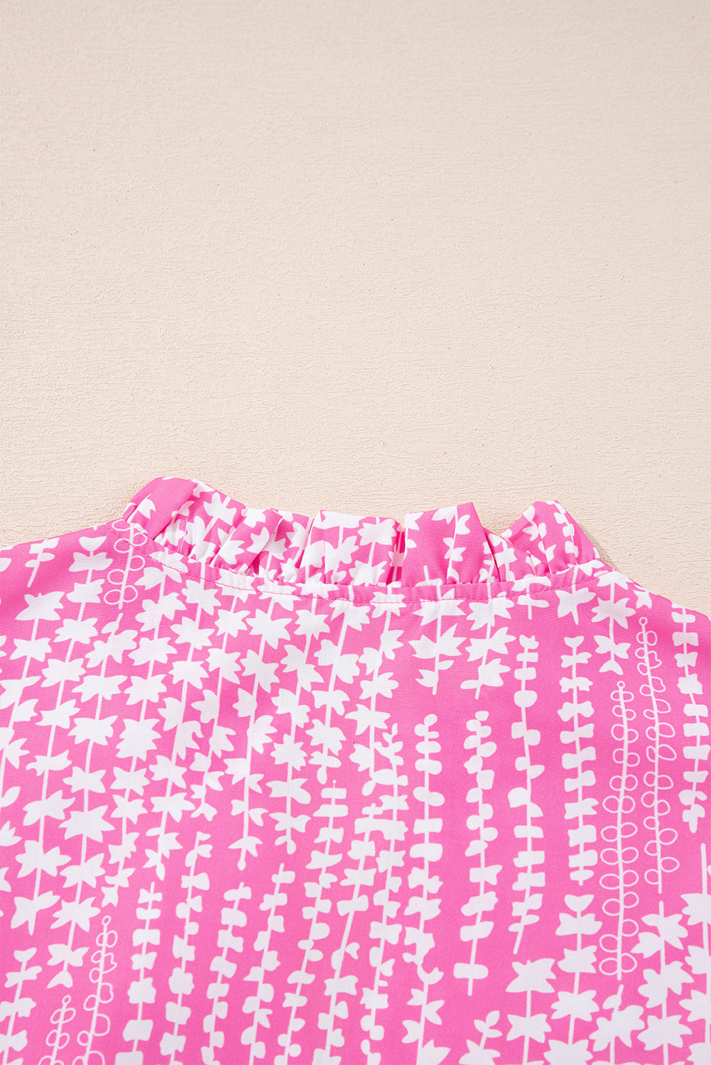 Pink Abstract Print Ric Rac Trim Flutter Sleeve Notch V Neck Blouse eAura