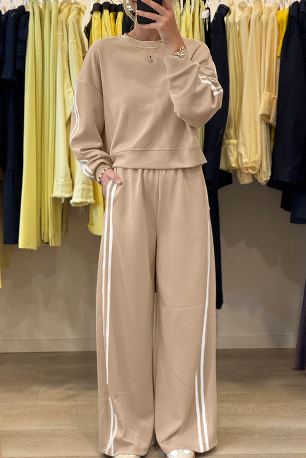 Varsity Striped Detail Crewneck Pullover Elastic Sweatpants 2pcs Co-ord eAura