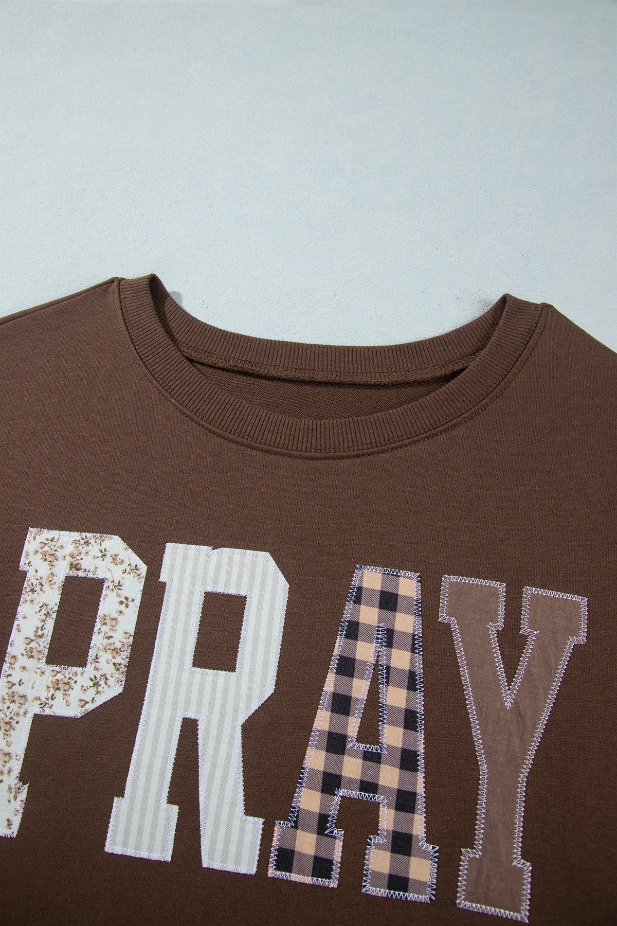 Coffee PRAY Letter Patchwork Round Neck Long Sleeve Plus Size Sweatshirt – Brown