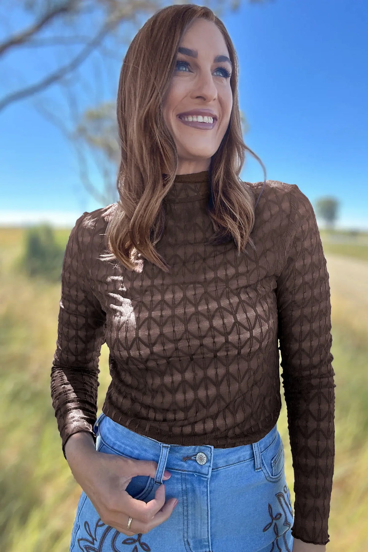 Sheer Textured Lace Stand Neck Long Sleeve Top – Chicory Coffee