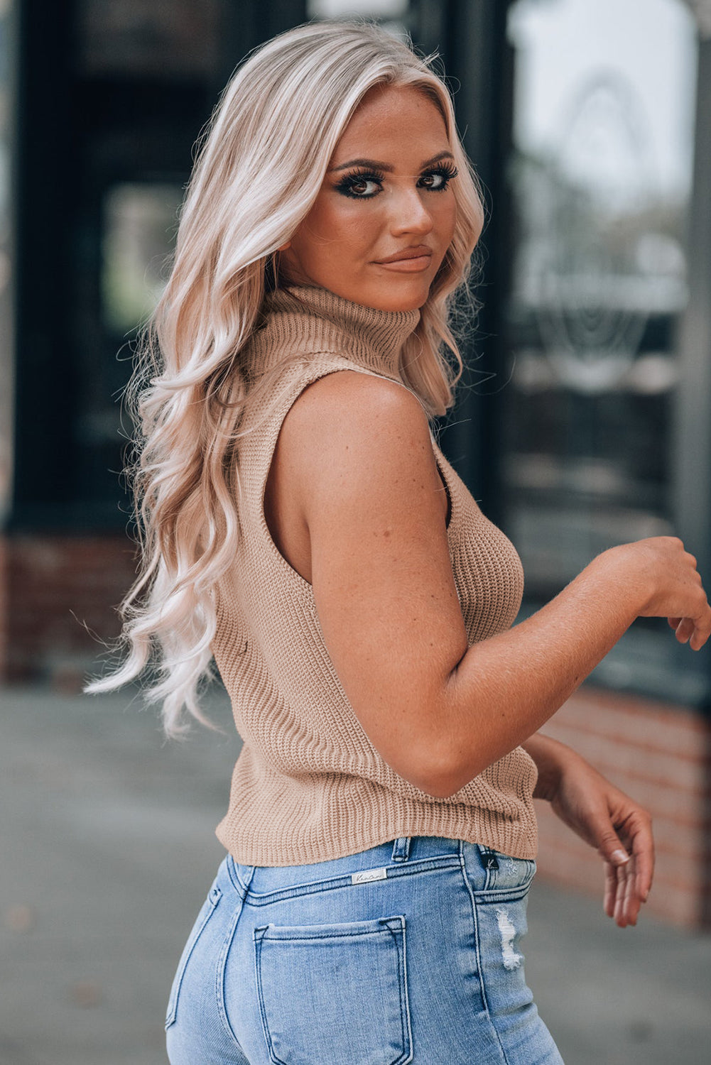 Oatmeal Solid Colour Turtleneck Knit Tank Top - eAura