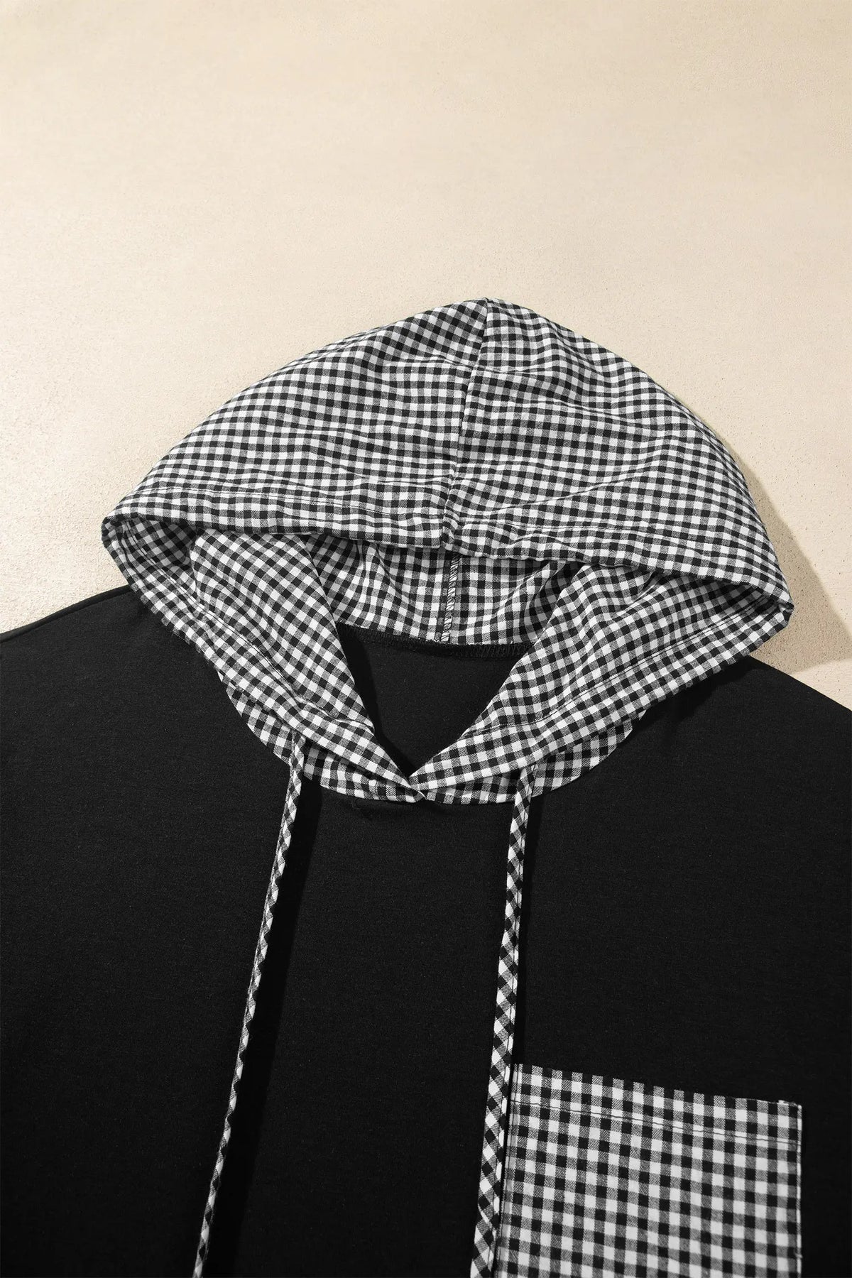 Hooded Gingham Paneling Chest Patch Pocket Long Sleeve Plus Size Blouse – Black