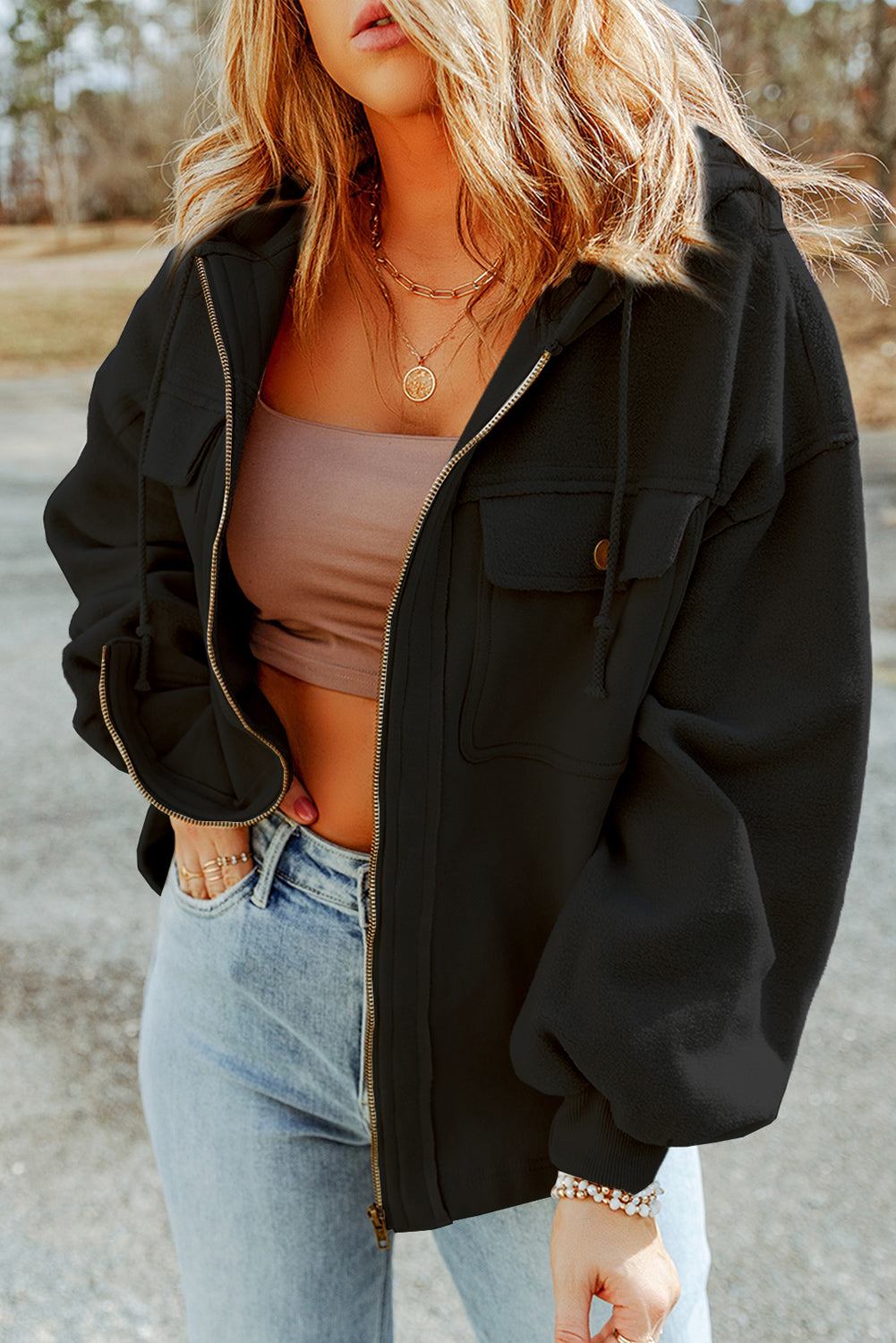 Flap Pocket Drawstring Hood Zip Up Jacket Beagle Boutique Fashion Outlet