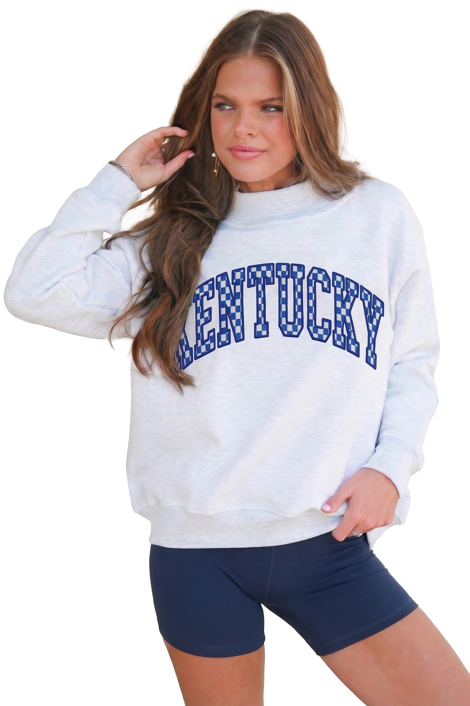 High Neck Embroidered Checkered Letter Game Day Sweatshirt – Light Grey