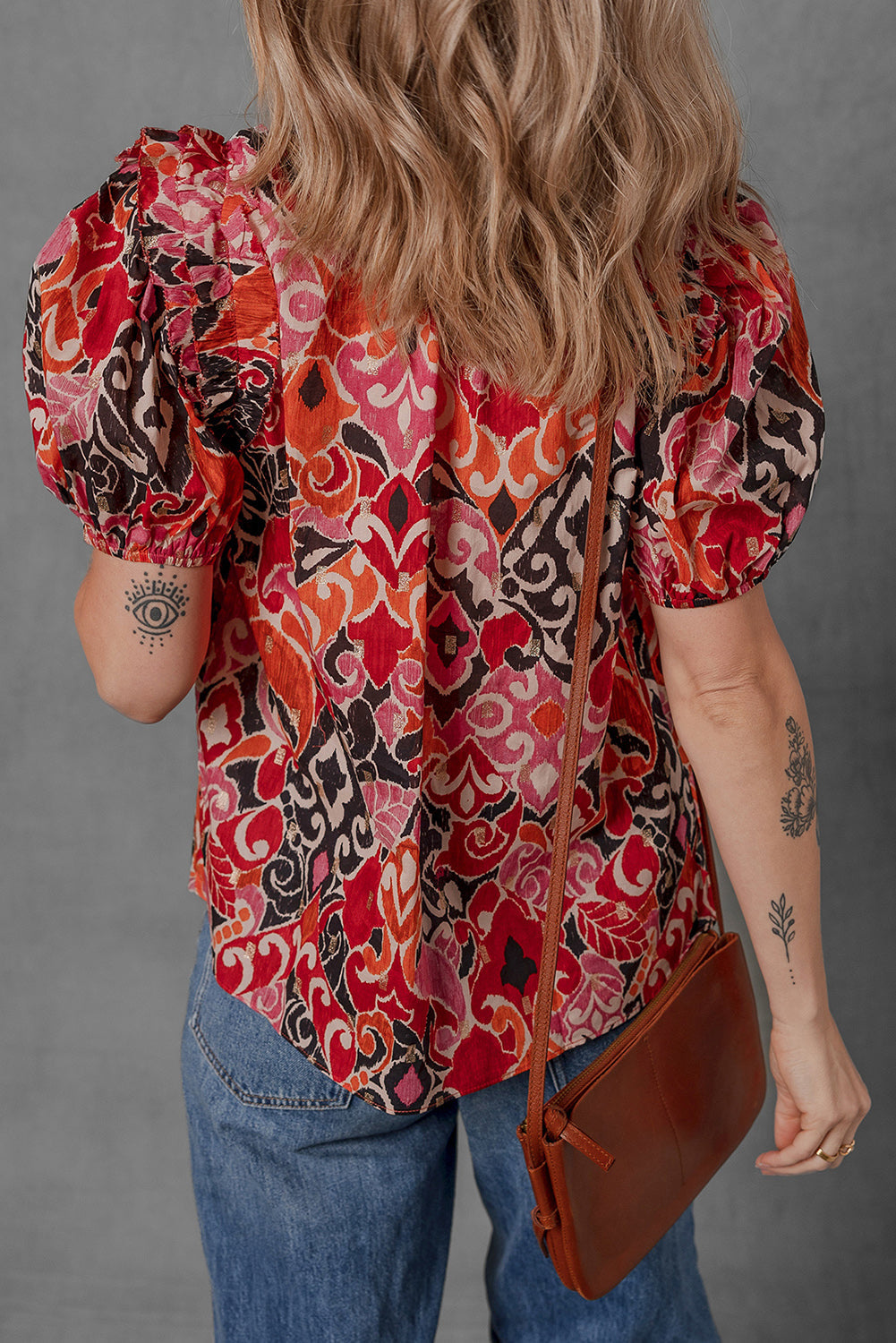 Red Ethnic Print Split Neck Short Puff Sleeve Blouse eAura