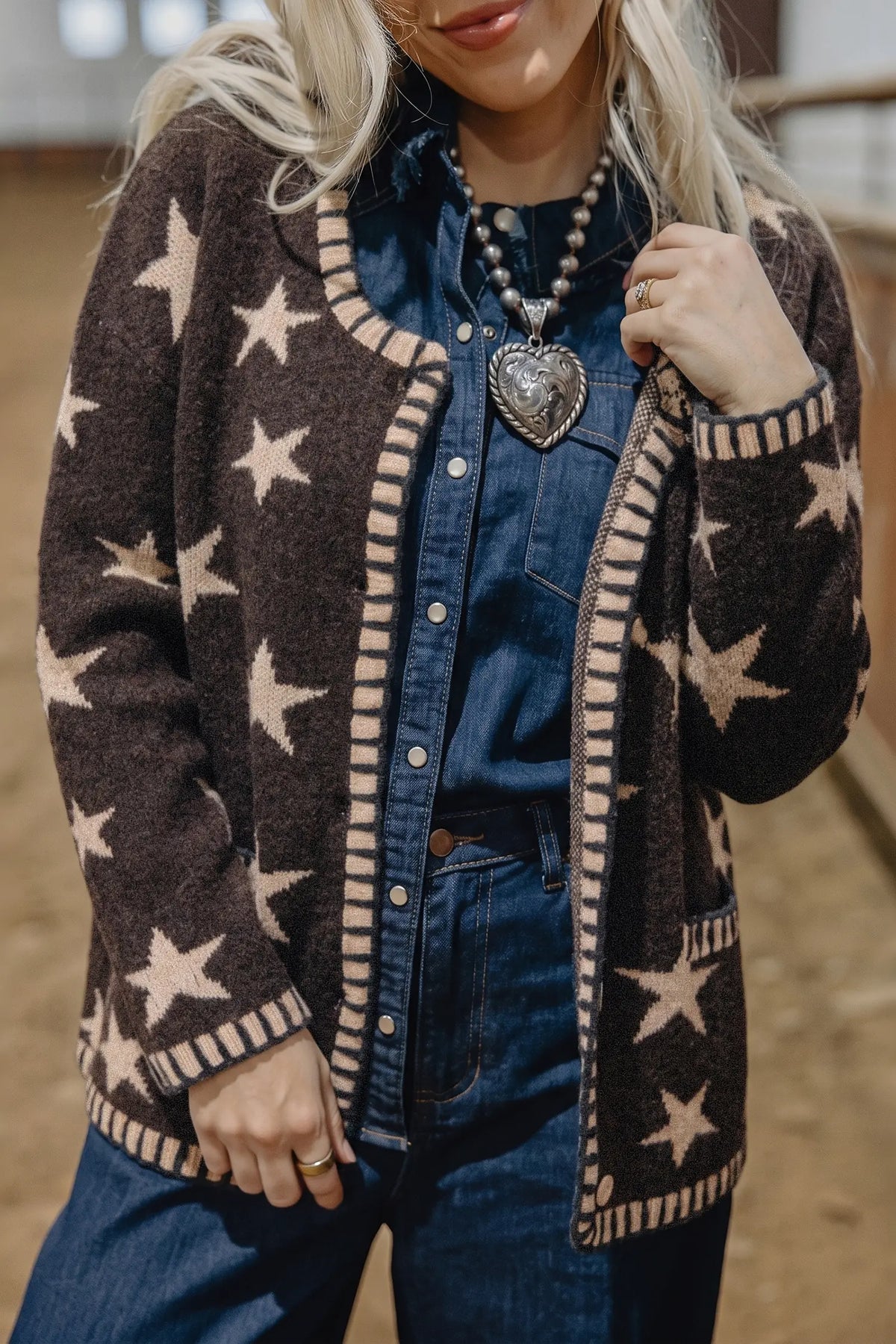 Stars Pattern Colourblock Long Sleeve Shift Cardigan – Brown