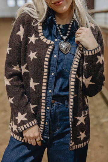 Stars Pattern Colourblock Long Sleeve Shift Cardigan – Brown