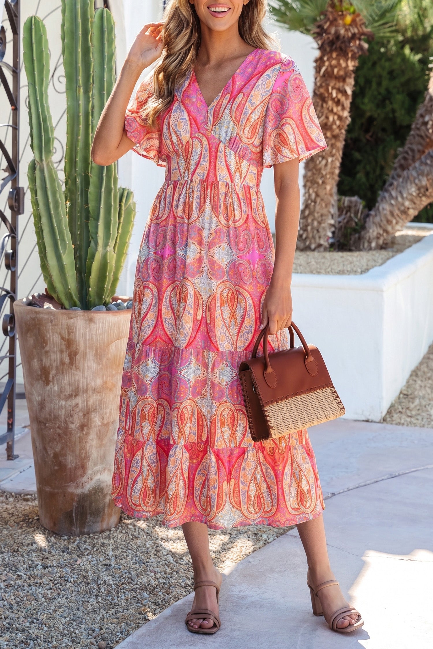 Paisley Print V-Neck Short Sleeve Boho Maxi Dress with Ruffle Details – Multicolour