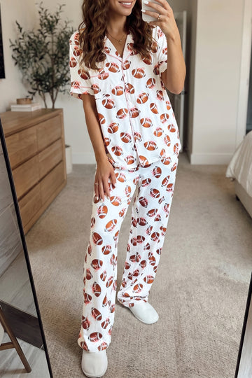 Rugby Print Short Sleeve Button Down Top Loose Pants Game Day Pajama Set – White