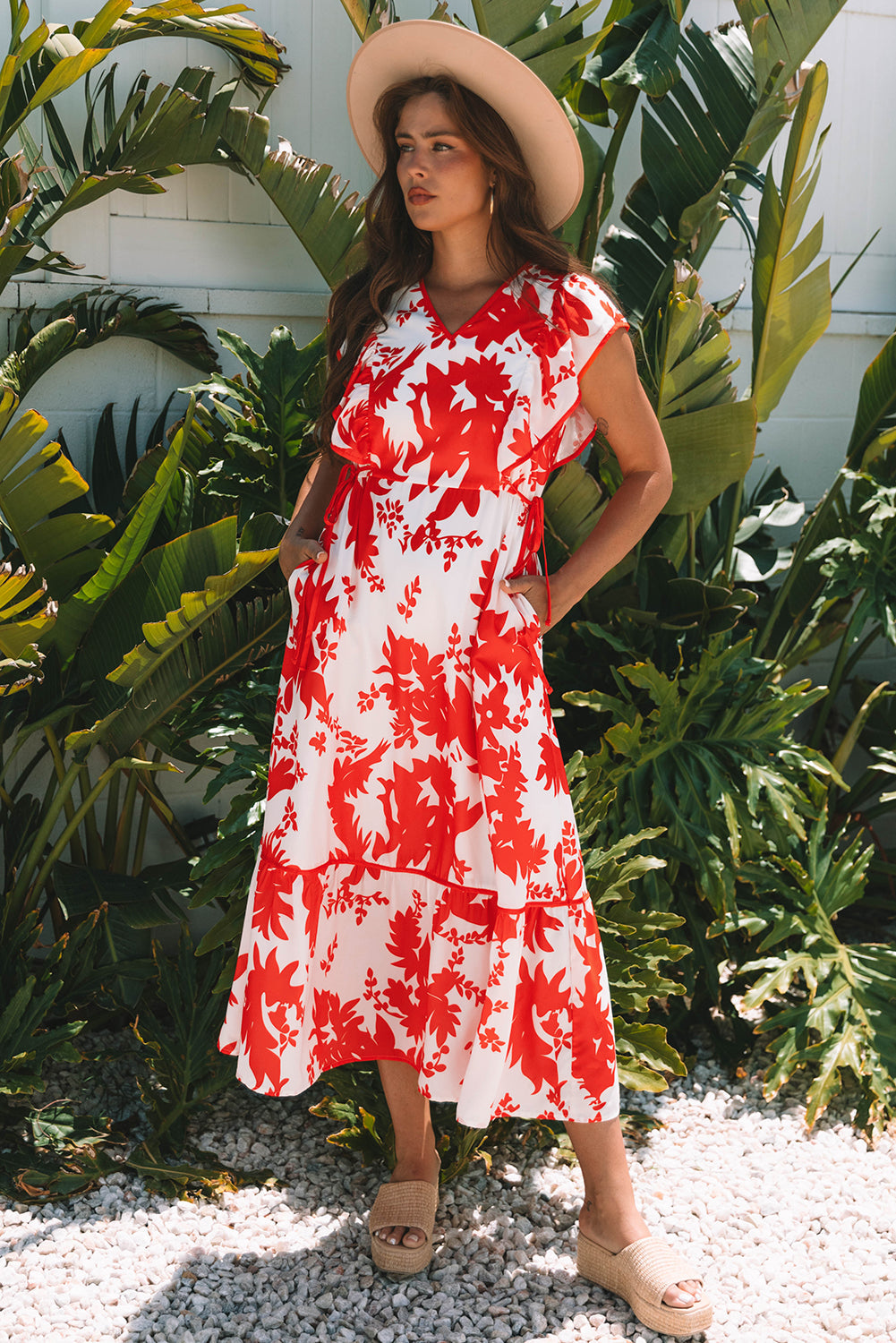 Red Floral Print Trimmed V-Neck Ruffle Sleeve Long Dress eAura