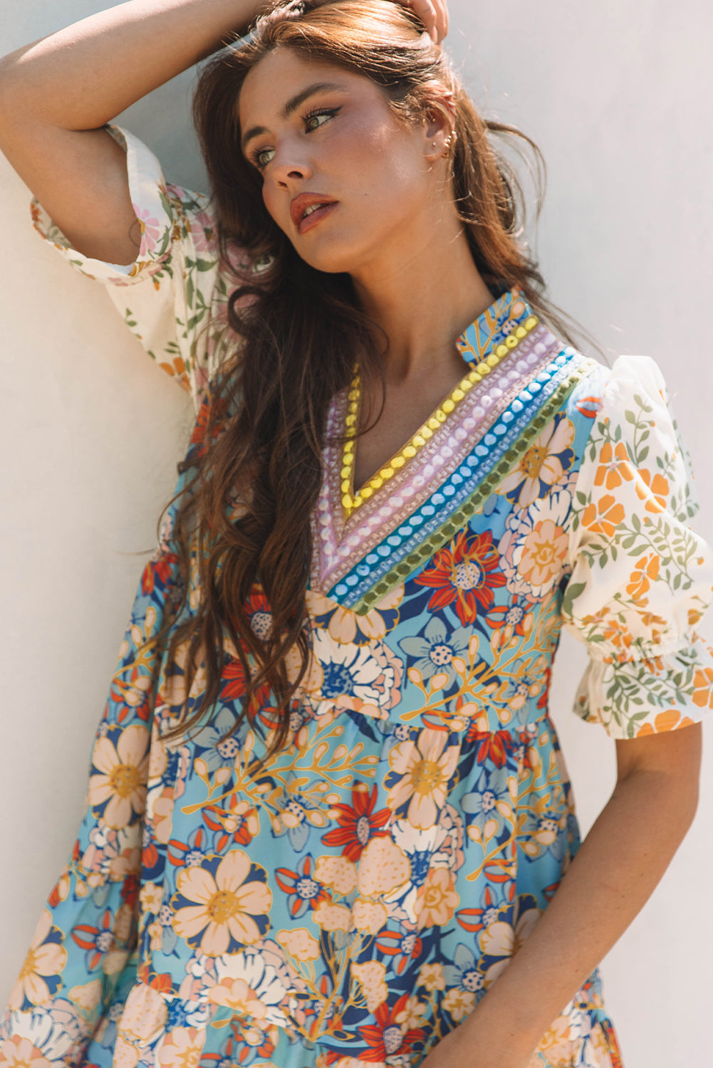 Multicolour Boho Floral Print Crochet Patchwork V Neck Loose Mini Dress eAura