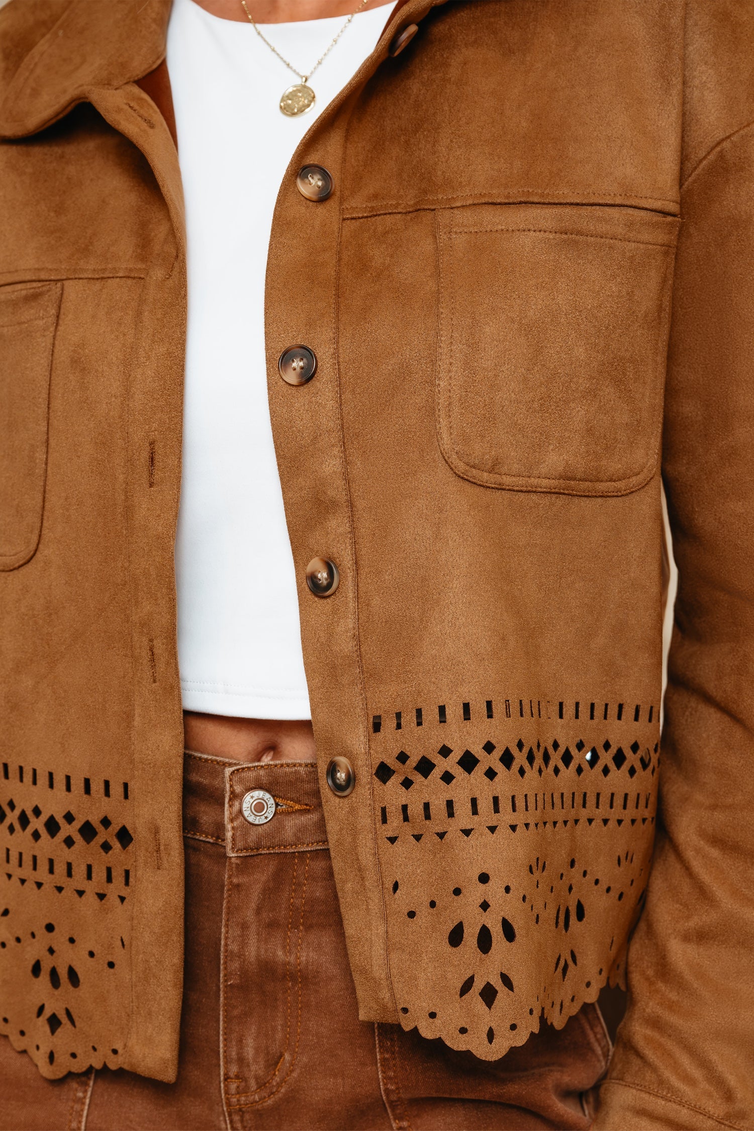 Faux Suede Hollowed Detail Retro Style Jacket - Outerwear/Jackets
