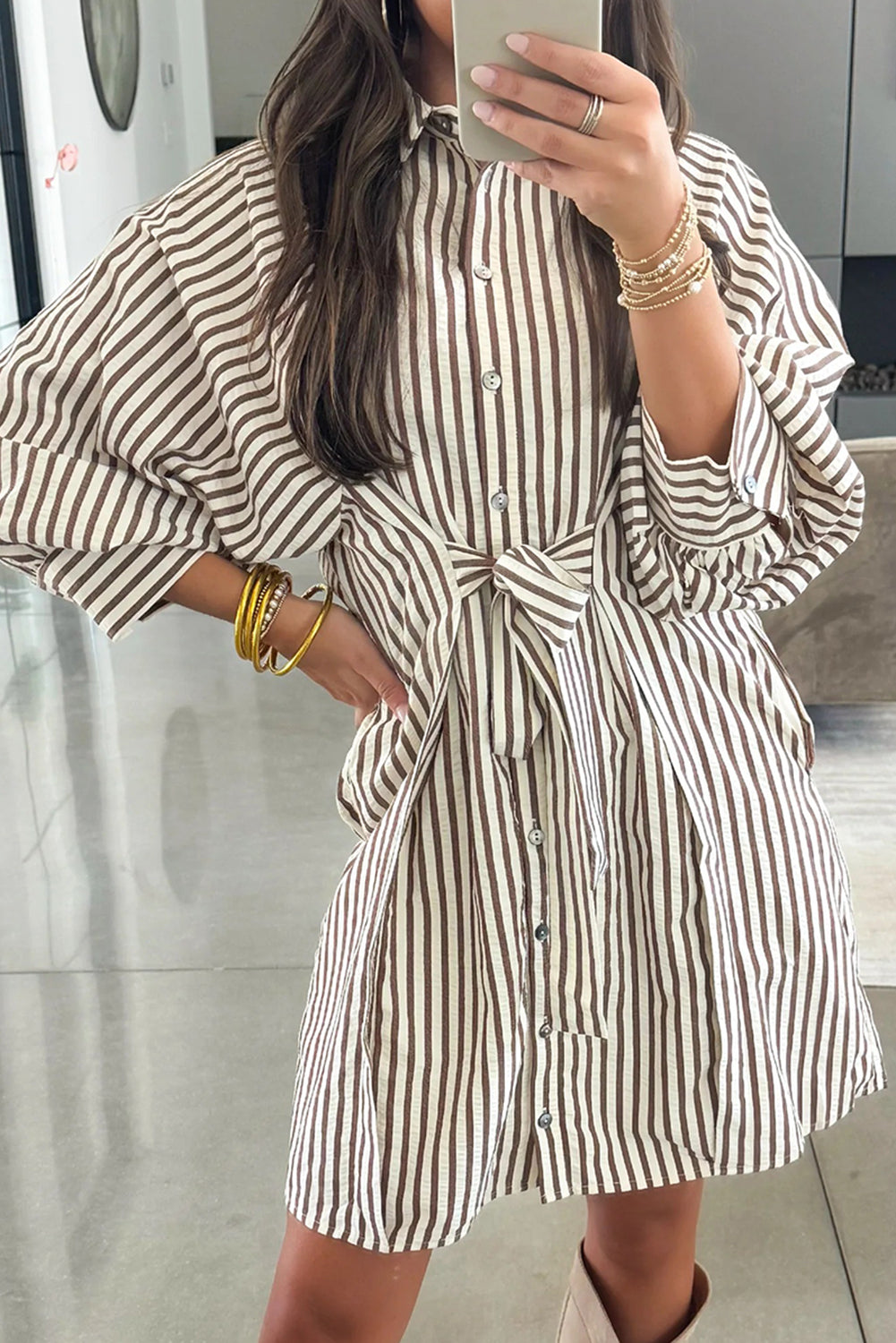 Stripe Knot Waist Puff Sleeve Button Down Mini Shirt Dress