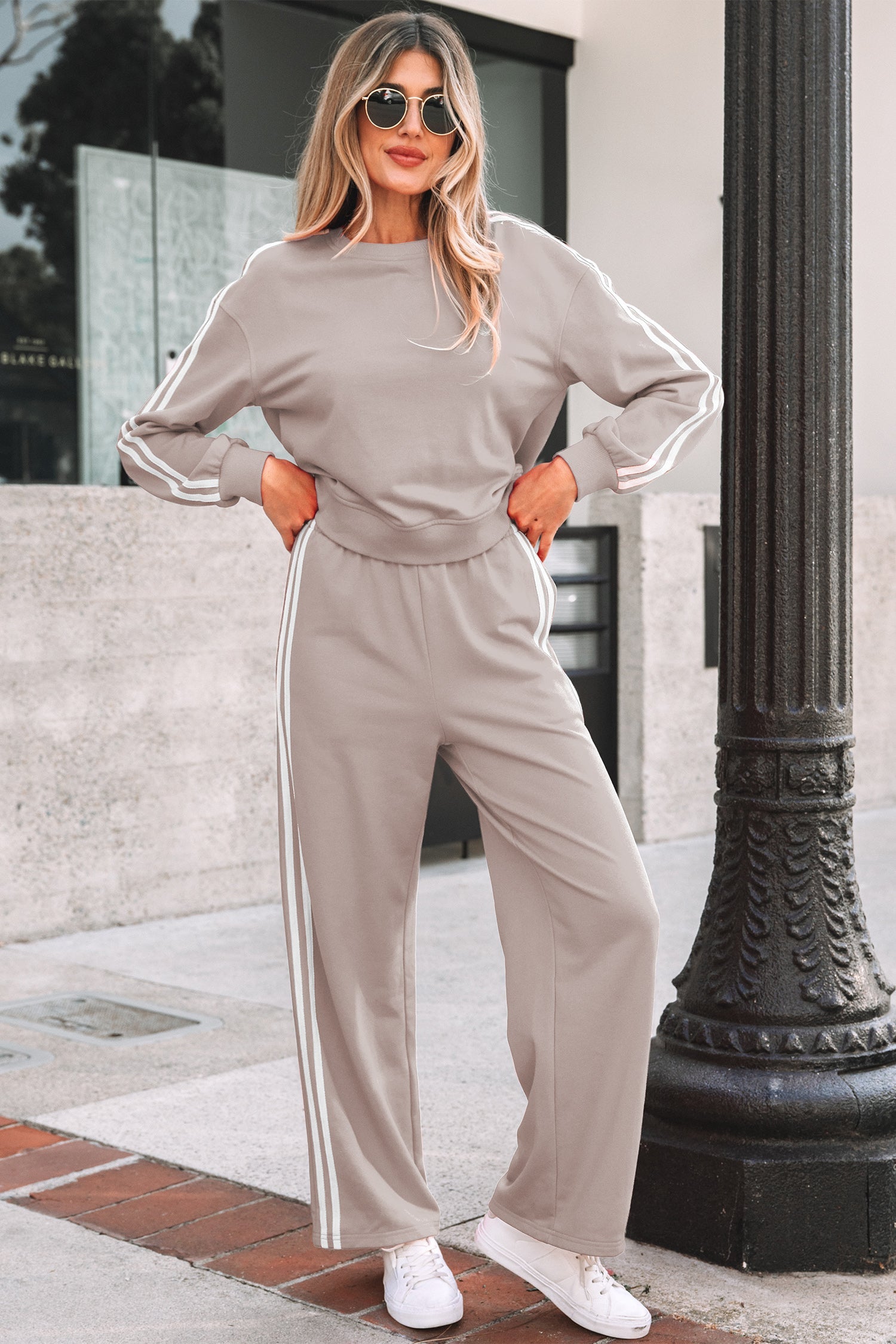 Varsity Striped Detail Crewneck Pullover Elastic Sweatpants 2pcs Co-ord - Two Piece Sets/Pant Sets