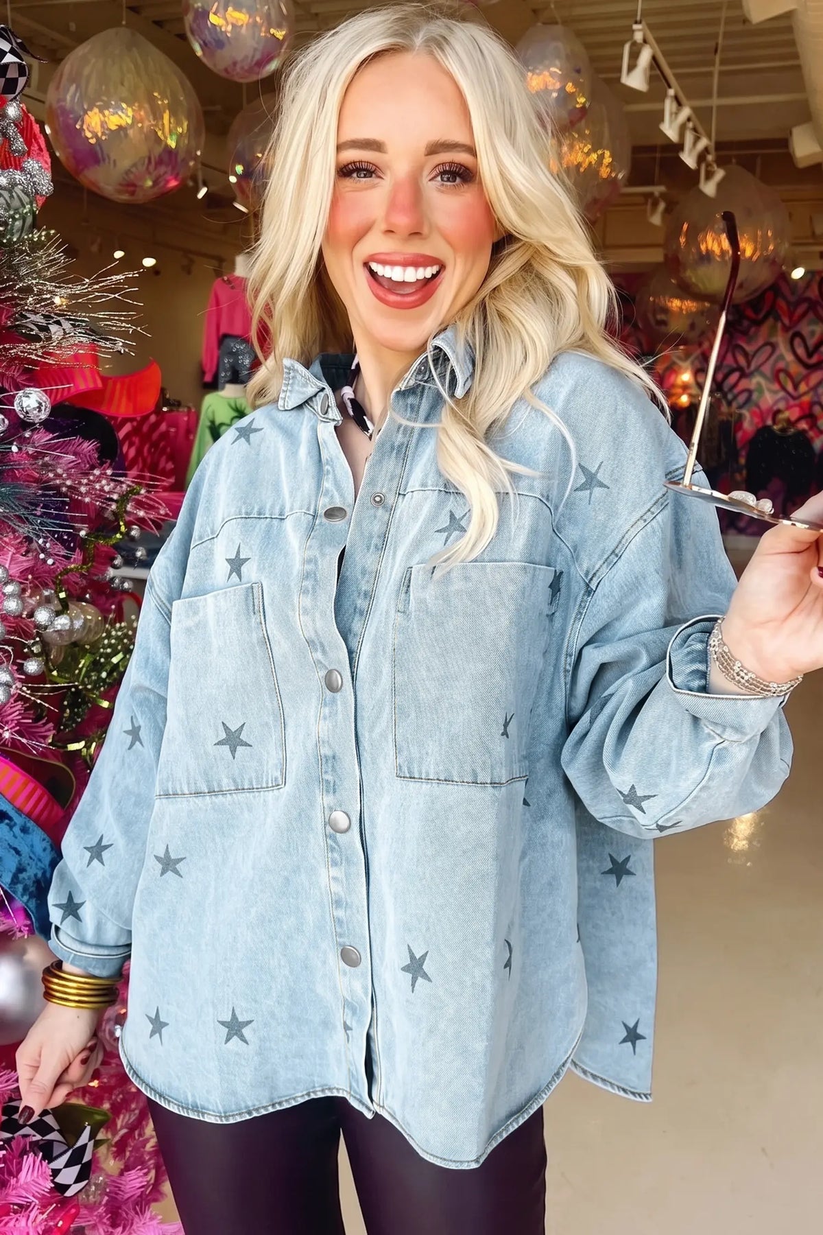 Sky Blue Stars Pattern Long Sleeve Shirt Collar Denim Jacket – Light Blue