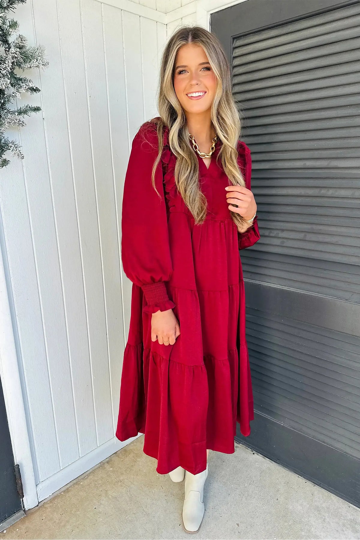 Solid Colour Ruffle Trim Long Sleeve Tiered Shift Midi Dress – Racing Red