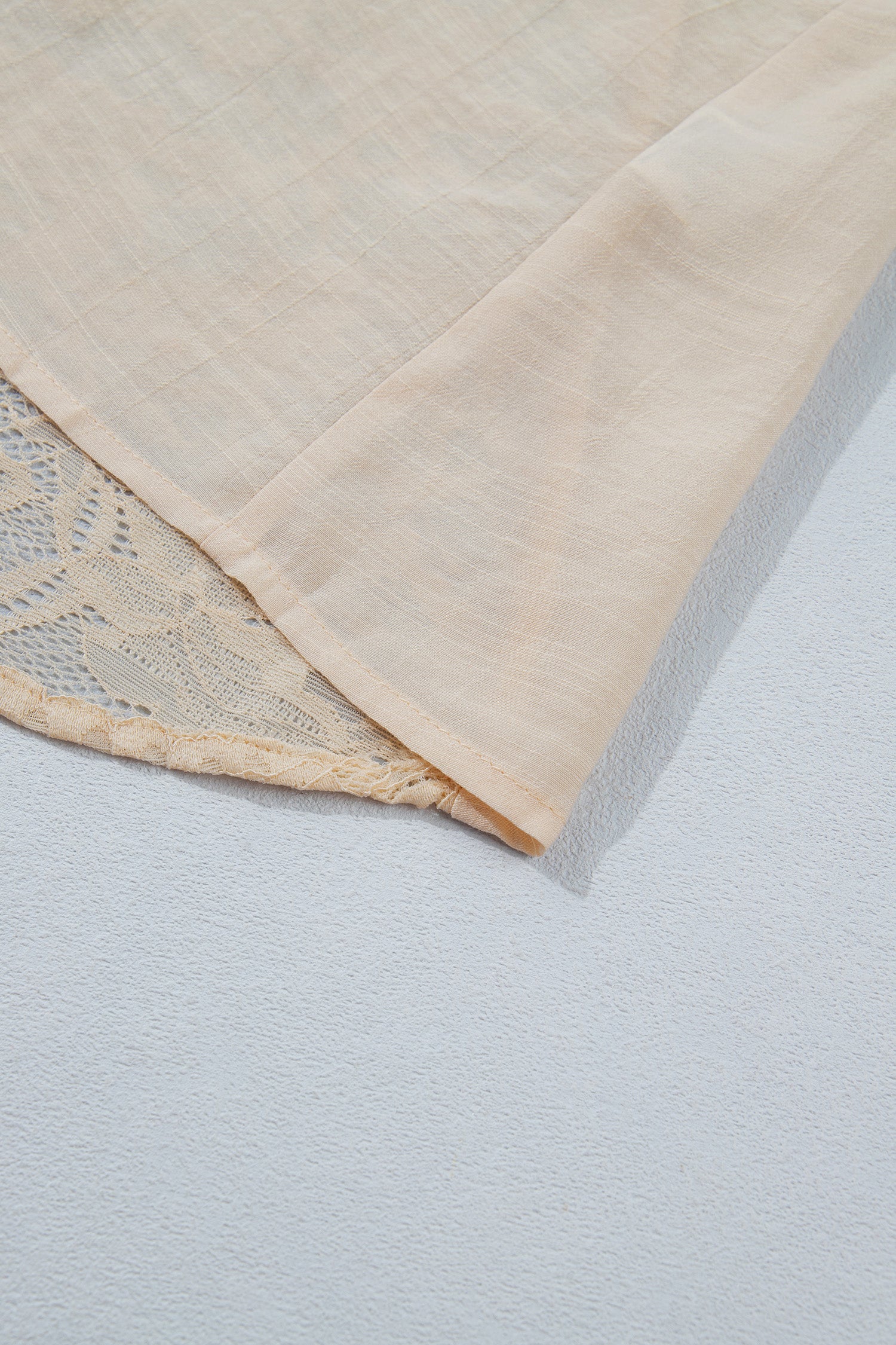 Oatmeal Sheer Lace Splicing Detail Bracelet Sleeve Loose Flowy Shirt – Beige