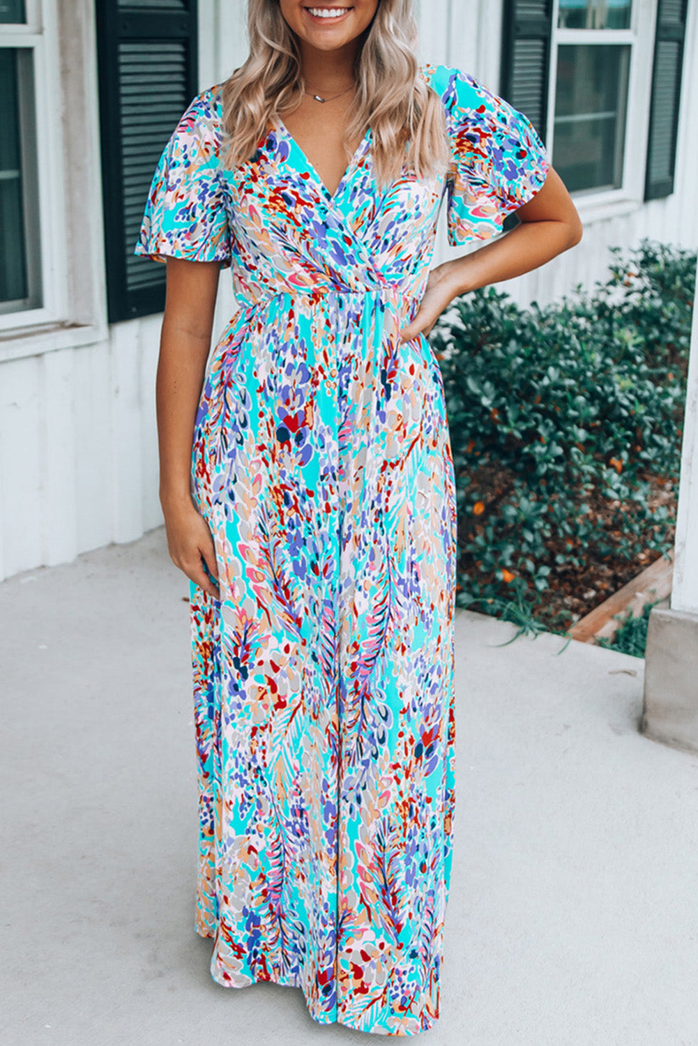 Wrap V Neck Floral Maxi Dress eAura