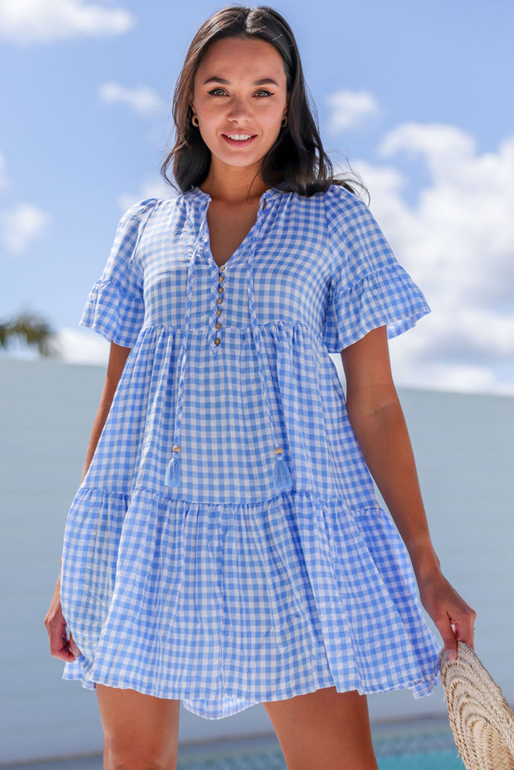 Sky Blue Gingham Short Sleeve Button Tie Split Neck Loose Mini Dress eAura