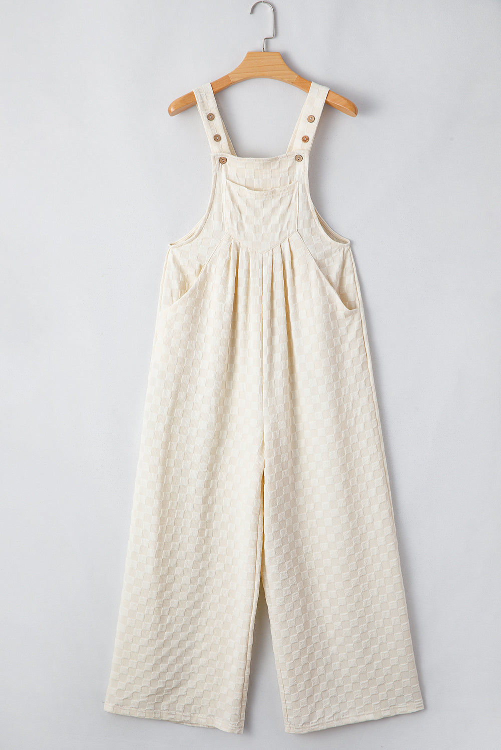 Beige Checkered Pocketed High Waist Wide Leg Overall eAura