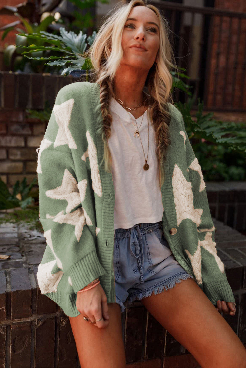 Green Sherpa Star Pattern Textured Sweater Cardigan with Pockets eAura