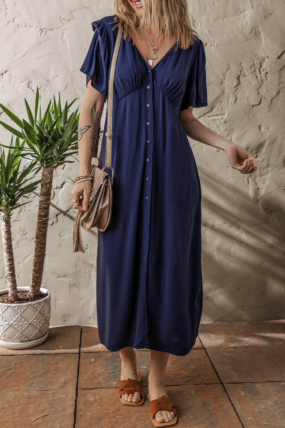 Navy Blue V Neck Buttoned Front Shirred Back Short Sleeve Midi Dress eAura