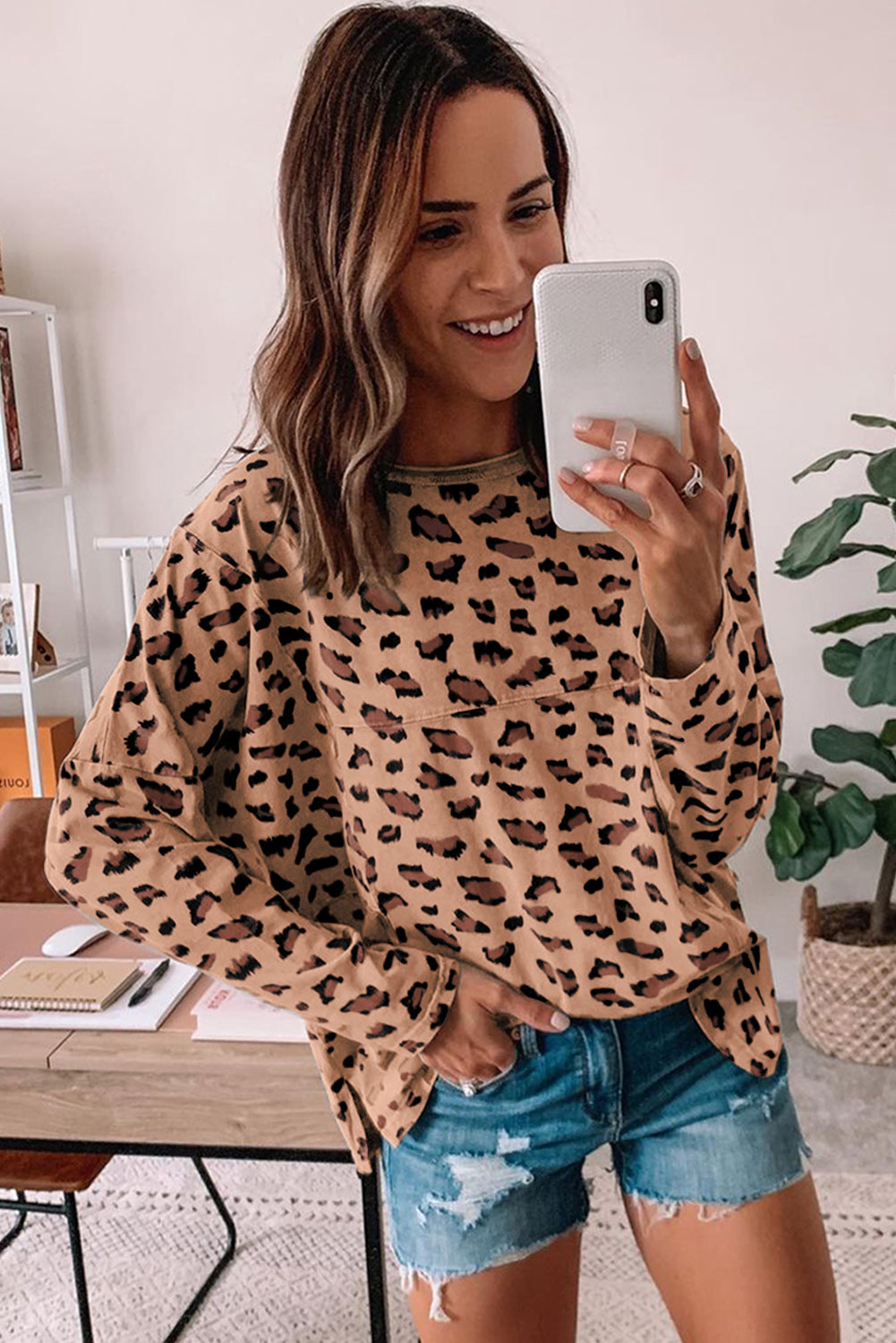 Brown Animal Print Stitching Loose Long Sleeve Top eAura