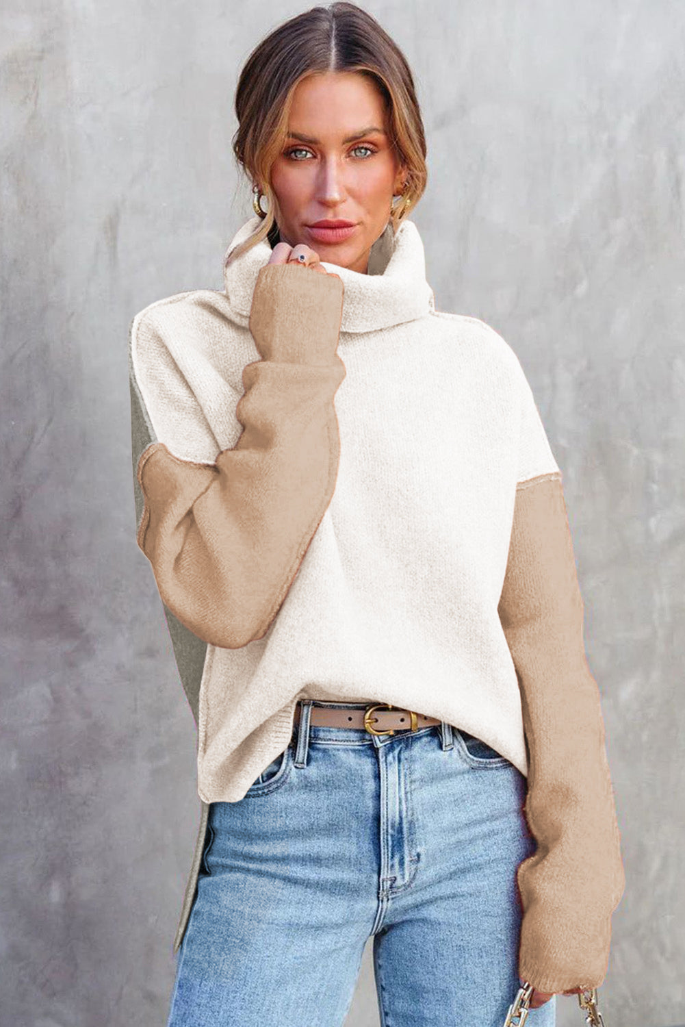 Colour Block Turtle Neck Drop Shoulder Knit Sweater Dear-Lover Dropshipping