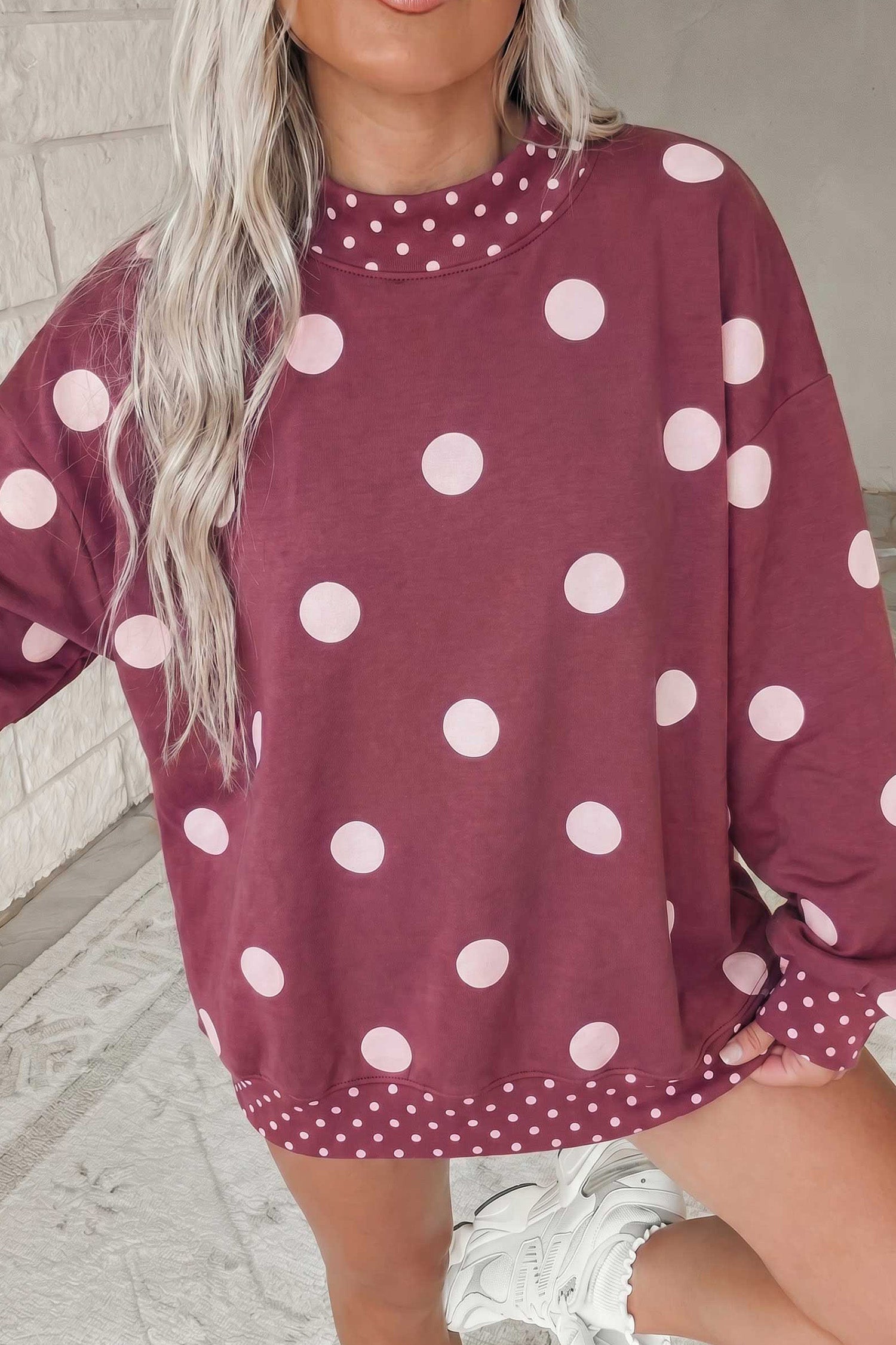 Polka Dot Print Contrast Detail Oversized Tunic Sweatshirt – Pink
