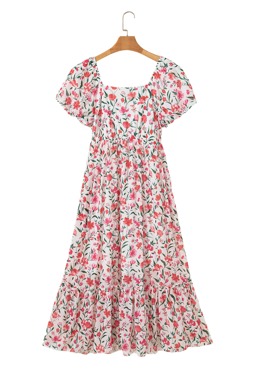 Pink Floral Puff Sleeve Square Neck Empire Waist Tiered Maxi Dress eAura