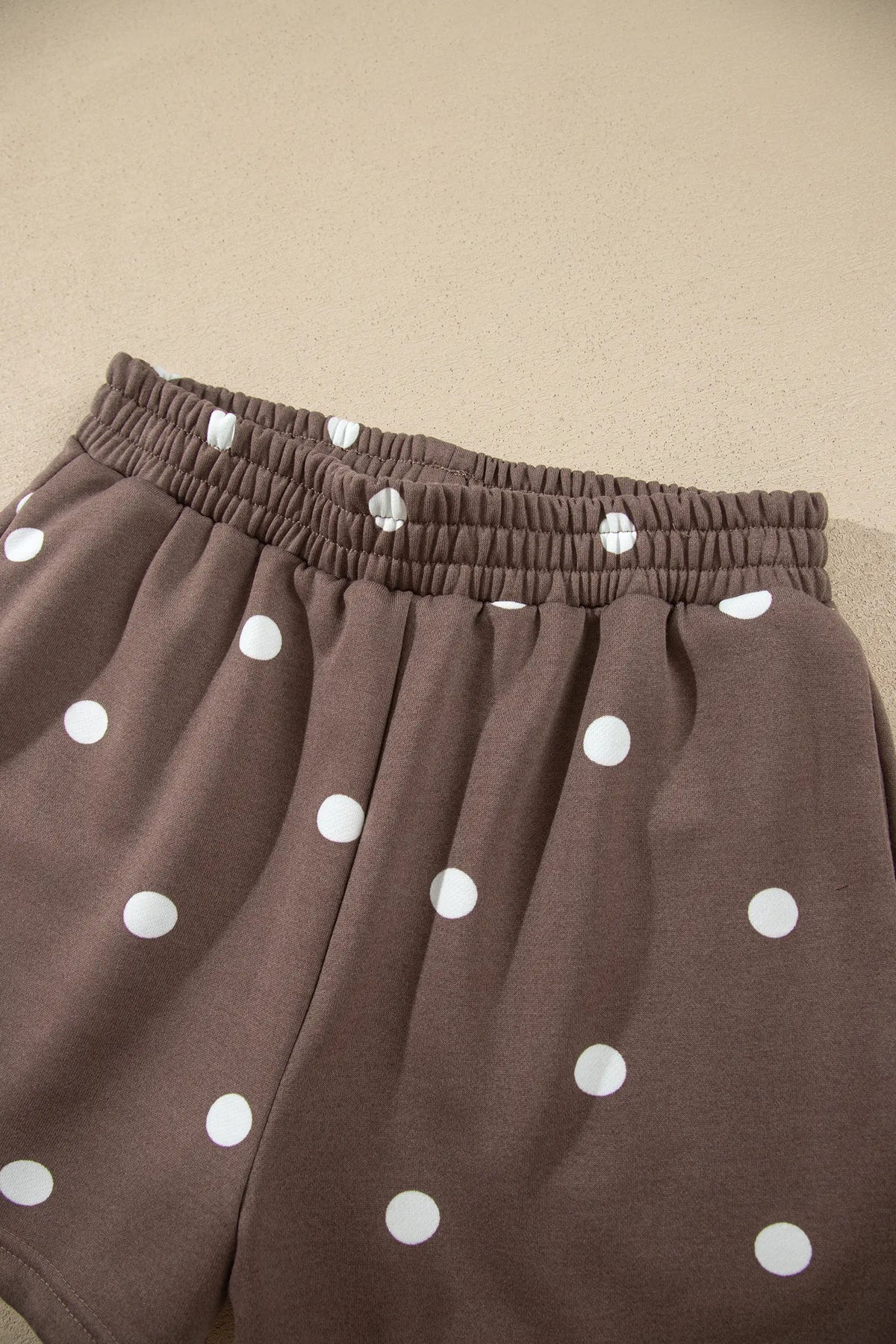 Polka Dot Ribbed Trim Long Sleeve Top Casual Short Set – Brown