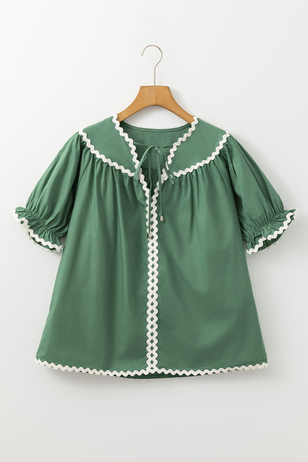 Mist Green Ric Rac Trim Tie Split Neck Short Sleeve Blouse eAura