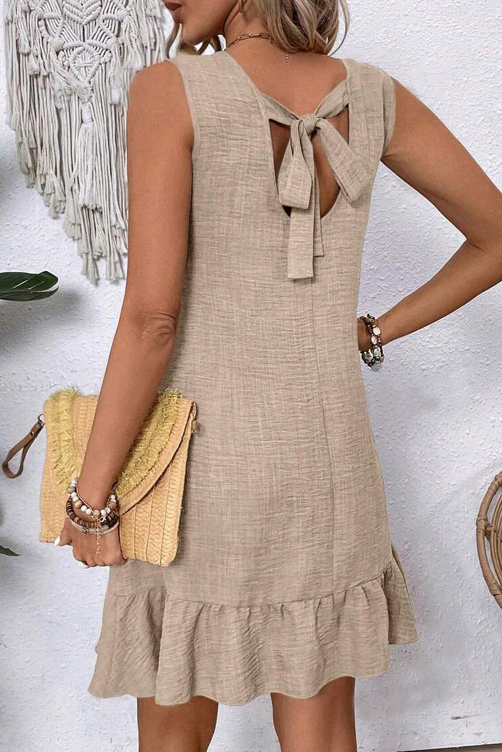 Knot Scoop Back Ruffle Hem Sleeveless Mini Dress eAura