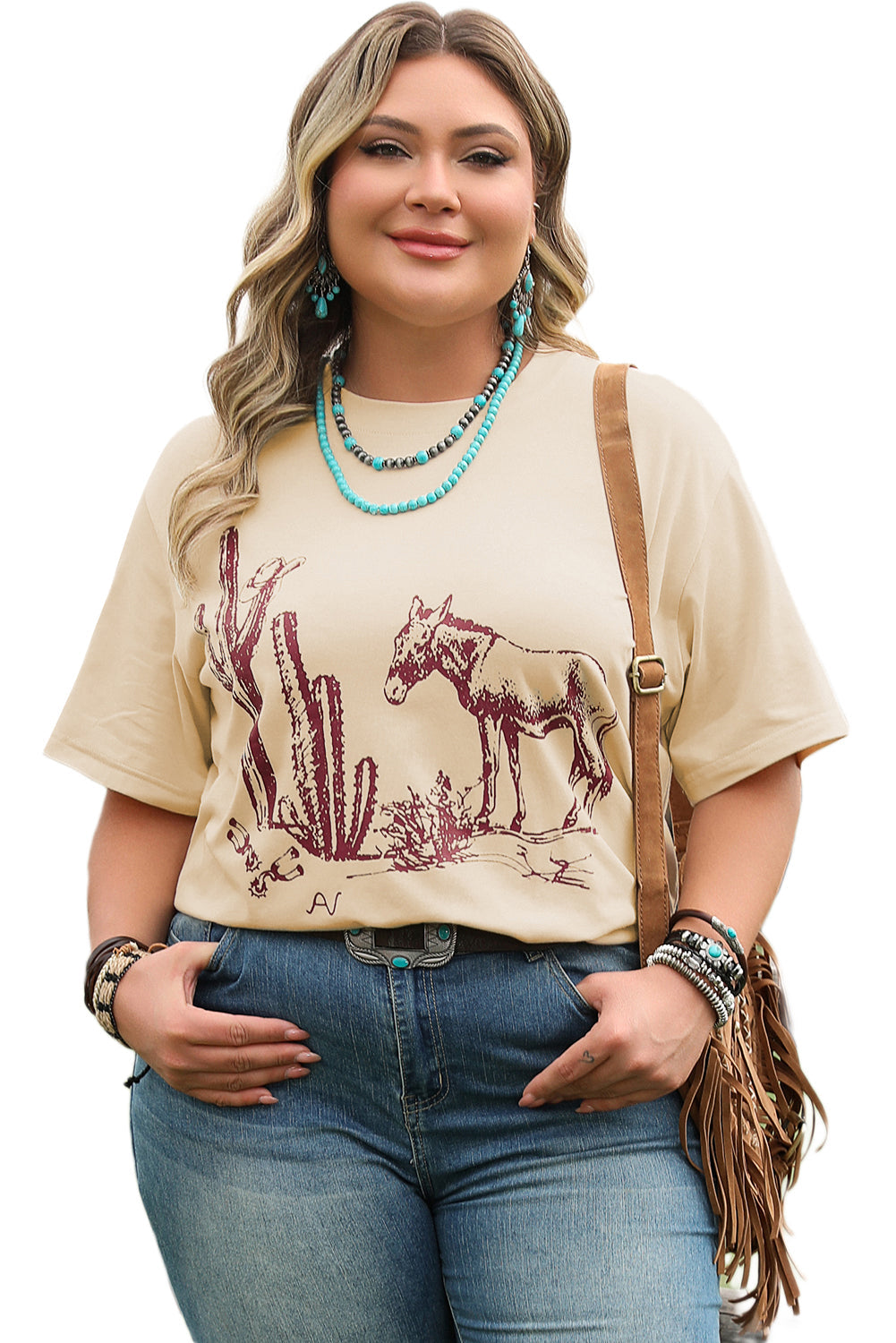 Parchment Western Burro Cactus Crew Neck Graphic Tee BB Fashion Outlet