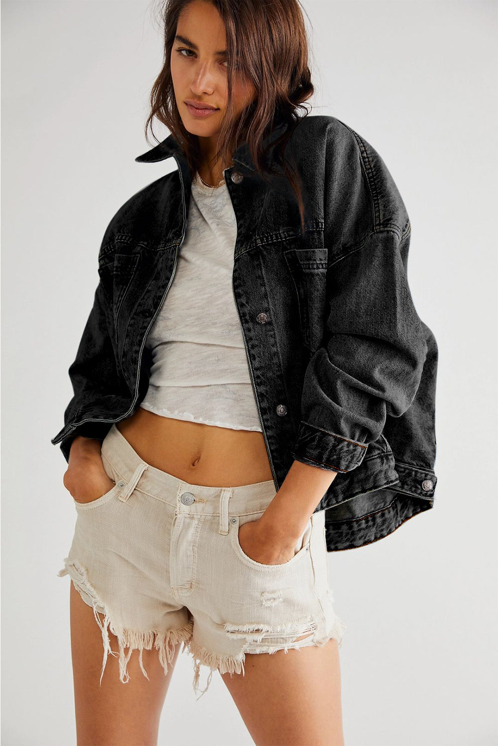 Black Washed Oversize Pocketed Denim Jacket eAura