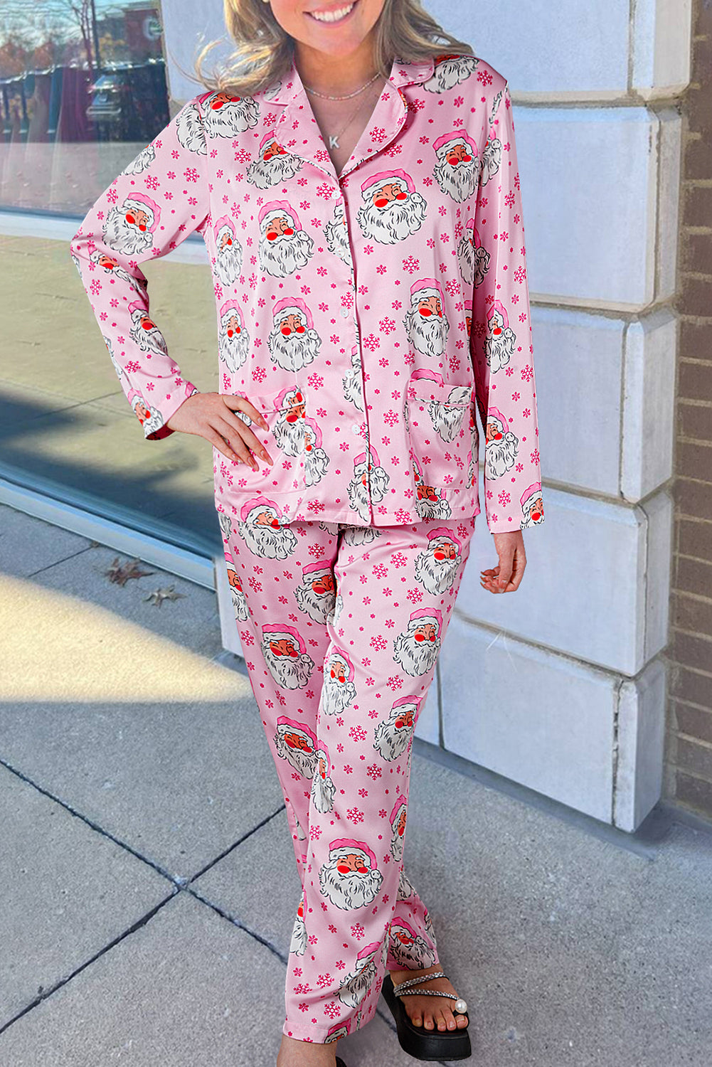 Pink Santa Claus Snowflake Long-Sleeve Shirt Christmas Pyjama Set eAura
