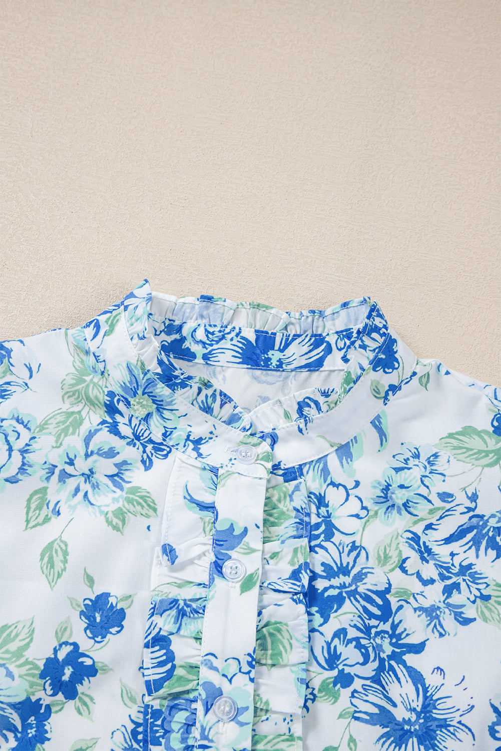 Sky Blue Floral Print Ruffle Sleeve Frilly Button Up Shirt eAura