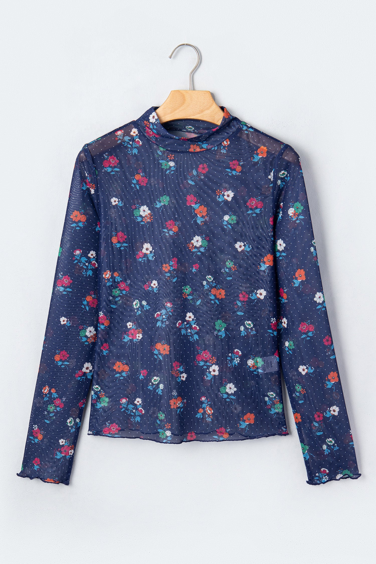 Polka Dot Floral Mesh Long Sleeve High Neck Pullover Sheath Top – Blue