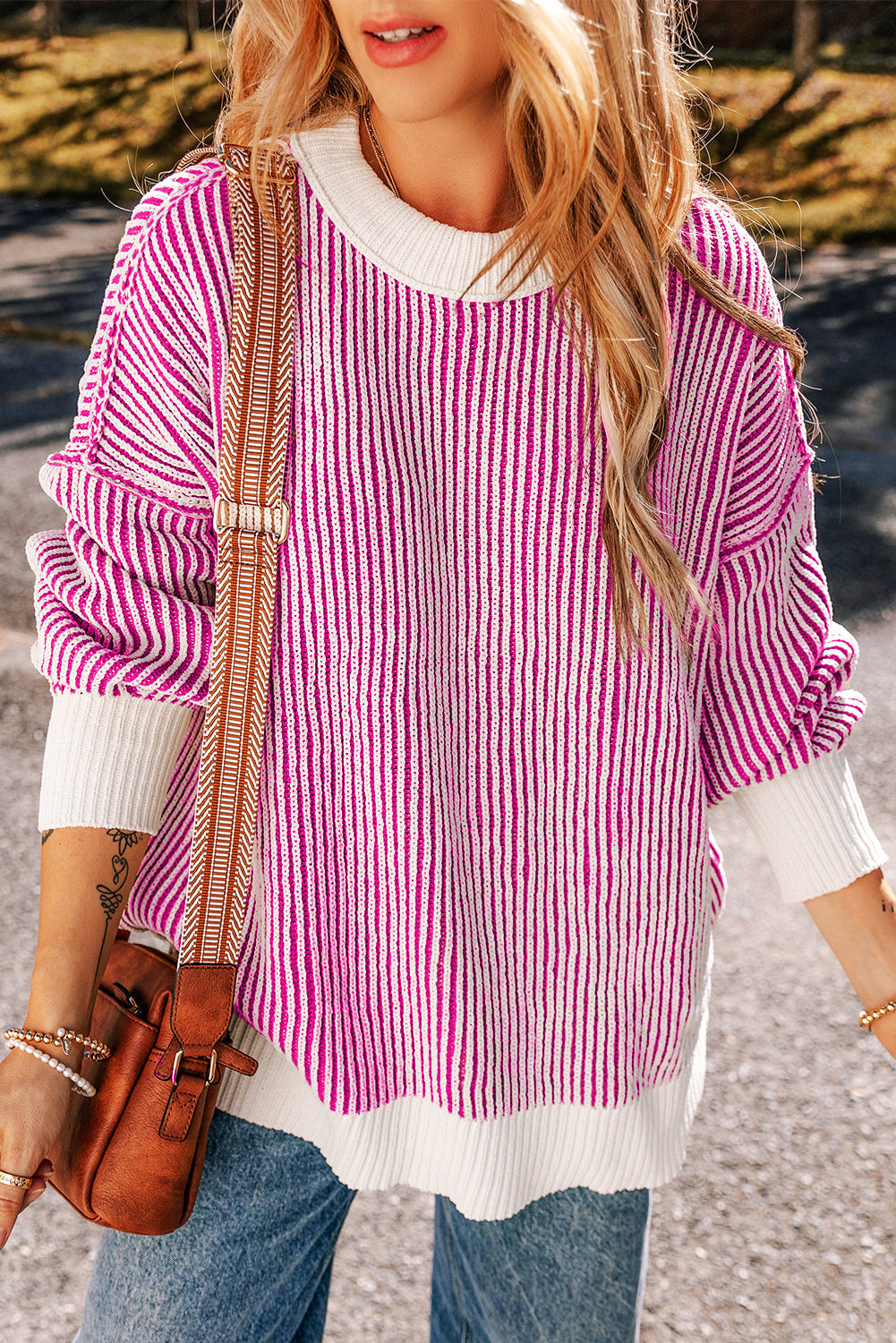 Bright Pink Striped Textured Knit Contrast Edge Loose Sweater eAura