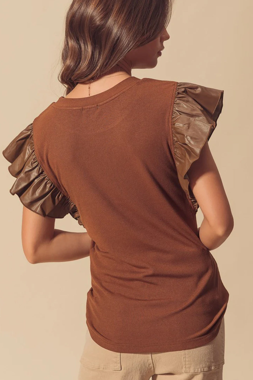 Cinnamon Leather Ruffle Sleeve Patchwork Round Neck Blouse eAura