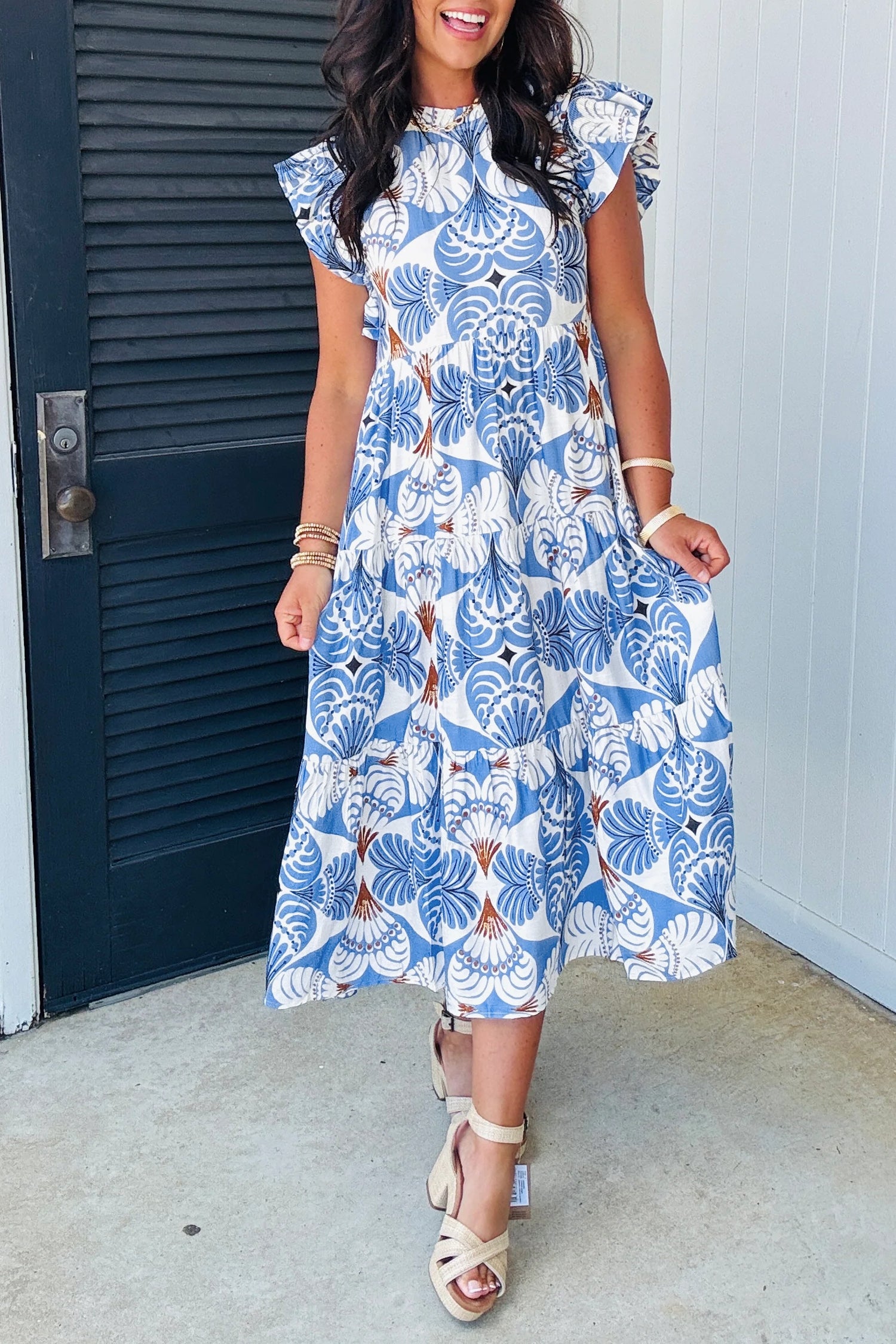 Tropical Botanic Print Flutter Sleeve Vacation Long Dress