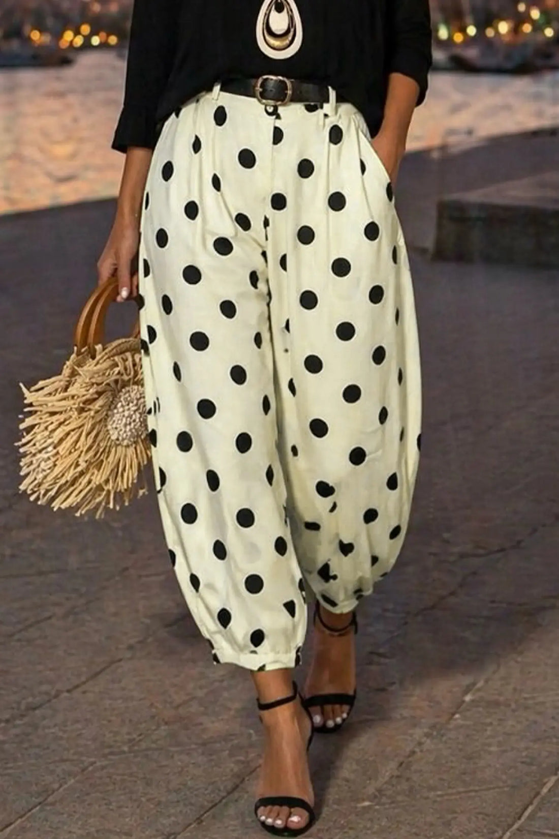 Polka Dot Ankle Length Harem Pants – Black